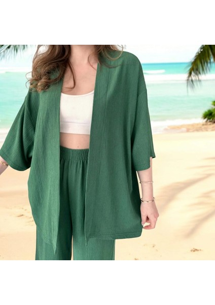 Kadın Likralı Bürümcük Kumaş Yazlık 2li Alt-Üst Takım Petrol Rengi fırsatları