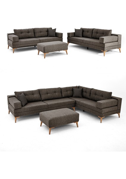 Zeri Modüler Yataklı Koltuk Takımı & 2 Adet Üçlü Kanepe & Puflu Köşe Takımı (3+3) - Kahve - 157