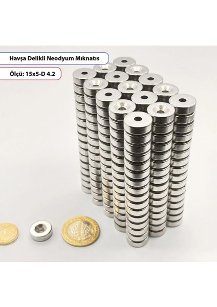 Havşa Delikli Neodyum Mıknatıs CAP15MM - Kalınlık 5mm -Delik 4.2mm - Havşa 6.3mm -10 Adet