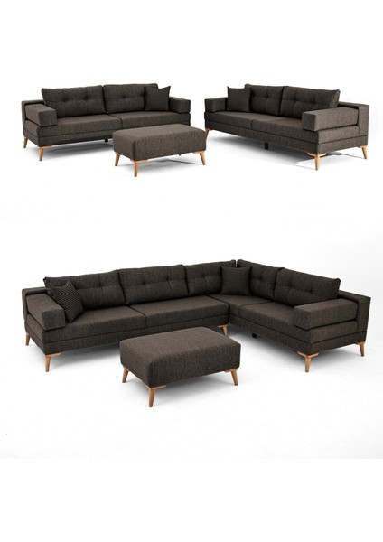 Zeri Modüler Yataklı Koltuk Takımı & 2 Adet Üçlü Kanepe & Puflu Köşe Takımı (3+3) - Koyu Kahve - 169