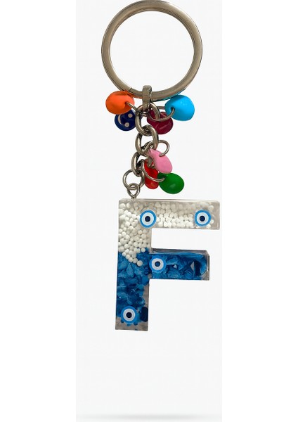 Epoksi Harf Anahtarlık – F Harfi, Nazar Boncuklu ve Renkli Charm Detaylı