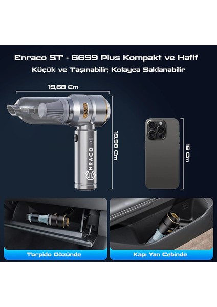 ST-6659 Plus 16000PA Güçlü Portatif Taşınabilir Vakumlu Kablosuz Üflemeli Araç Süpürgesi