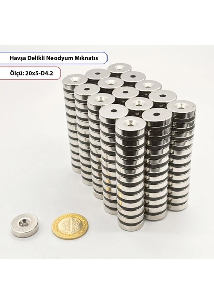 Havşa Delikli Neodyum Mıknatıs Çap 20MM – Kalınlık 5 mm – Delik 4.2 mm – Havşa 8.2mm – 10LU