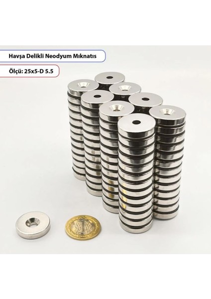 Havşa Delikli Neodyum Mıknatıs Çap 25MM – Kalınlık 5mm – Delik 4.5mm – Havşa 10.5 mm – 10’lu