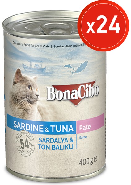 Ezme Sardalya ve Ton Balıklı Yaş Kedi Maması, 400 gr x 24 Adet, Tüm Irklar Için, Doğal, Şeker Içermez