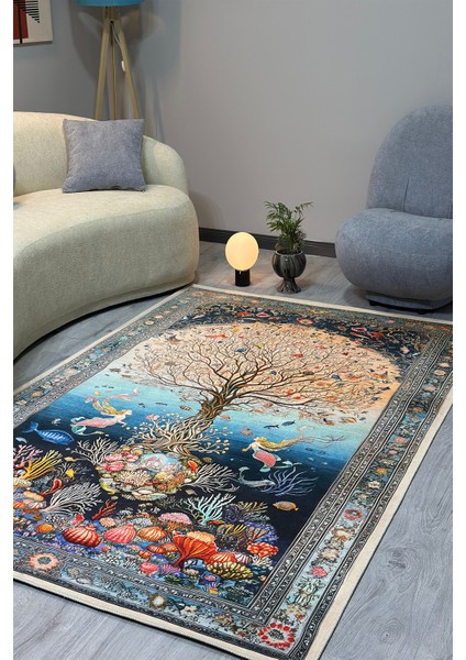 Mercan ve Deniz Kızı Figürlü Dekoratif Halı Desenli Yumuşak Dokulu Pamuk Yatak Odası Salon Halısı modelleri