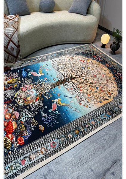 Mercan ve Deniz Kızı Figürlü Dekoratif Halı Desenli Yumuşak Dokulu Pamuk Yatak Odası Salon Halısı indirimleri