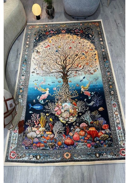 Mercan ve Deniz Kızı Figürlü Dekoratif Halı Desenli Yumuşak Dokulu Pamuk Yatak Odası Salon Halısı