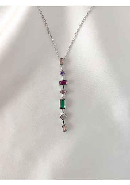 Kadın Çelik Renkli Zirkon Taşlı Geometrik Model Y Kolye