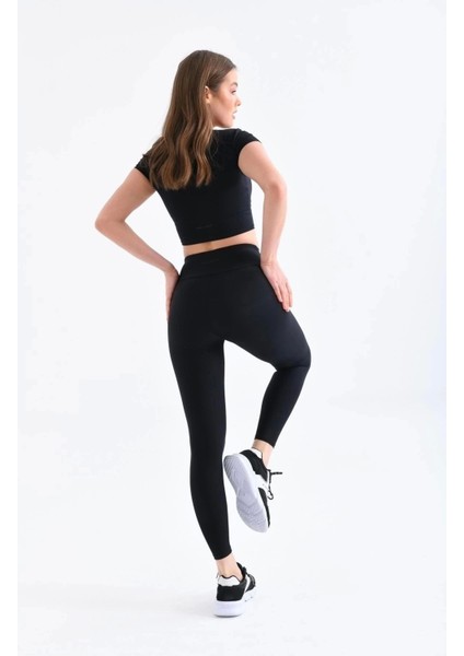 Siyah Yüksel Bel Toparlayıcı Tayt Ultra Esnek Ultra Hafif Elit Spor Tayt