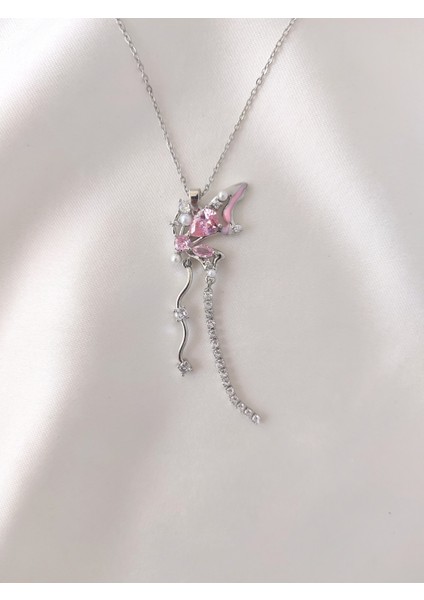 Kadın Çelik Zirkon Taşlı Sallantılı Kelebek Kolye