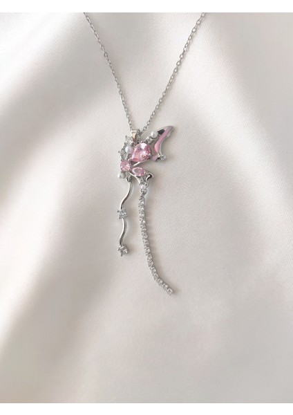 Kadın Çelik Zirkon Taşlı Sallantılı Kelebek Kolye fiyatları