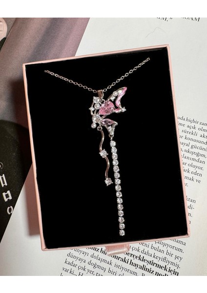 Kadın Çelik Zirkon Taşlı Sallantılı Kelebek Kolye modelleri