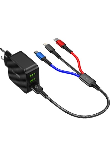 Glee Serisi 3.1A Duvar Şarj Cihazı + 3'ü 1 Arada Kablo - Siyah