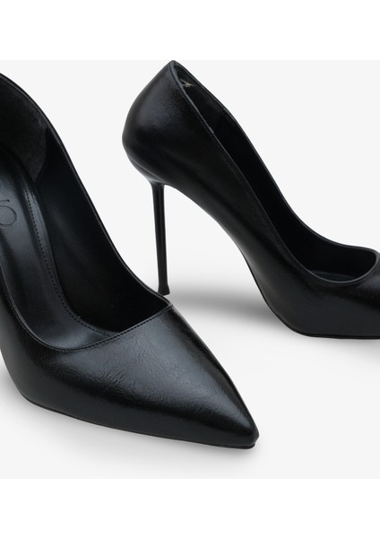 Kadın Sivri Burun Gold Tokalı Günlük Topuklu Stiletto Sersey Siyah
