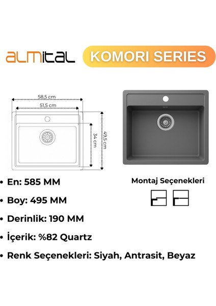 Granit Evye Komorı Series Anthracite 58,5X49,5 (Antrasit)