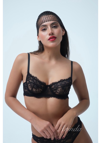 Dantel Balenli Kapsız Sütyen Tanga Siyah İç Çamaşırı Takımı