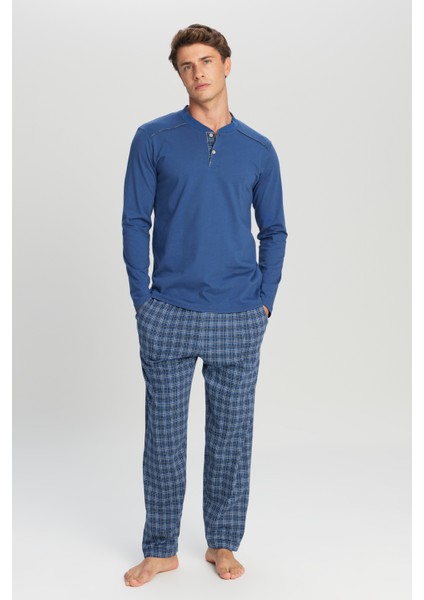 %100 Pamuk Standart Fit Hakim Yaka Desenli Cepli Pijama Takımı