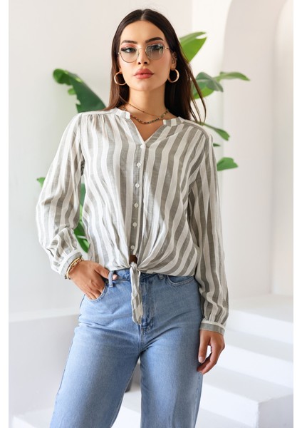 Yeni Sezon Kadın Uzun Kollu Çizgili Önden Bağlamalı Kadın Gömlek – Kadın Bluz