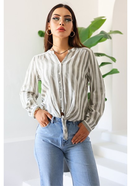 Yeni Sezon Kadın Uzun Kollu Çizgili Önden Bağlamalı Kadın Gömlek – Kadın Bluz fiyatları