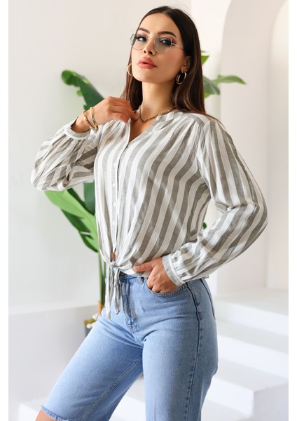 Yeni Sezon Kadın Uzun Kollu Çizgili Önden Bağlamalı Kadın Gömlek – Kadın Bluz modelleri