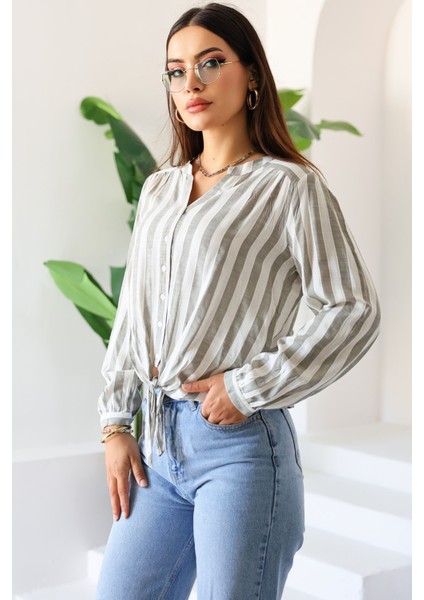 Yeni Sezon Kadın Uzun Kollu Çizgili Önden Bağlamalı Kadın Gömlek – Kadın Bluz fırsatları
