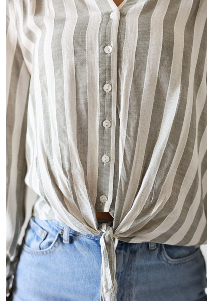 Yeni Sezon Kadın Uzun Kollu Çizgili Önden Bağlamalı Kadın Gömlek – Kadın Bluz indirimleri