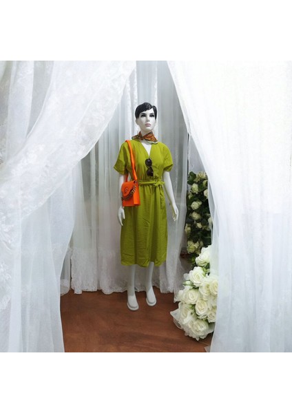 Kruvaze Yaka Kemer Detaylı Yazlık Elbise