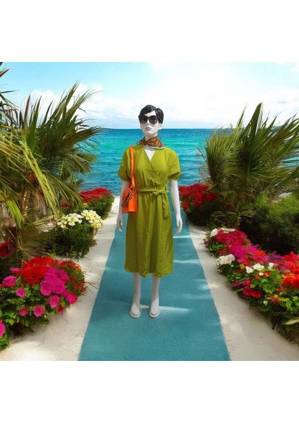 Kruvaze Yaka Kemer Detaylı Yazlık Elbise fiyatları