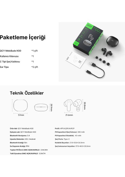 Melobuds N30 Adaptif Anc Bluetooth Kulaklık 4 Mikrofon Çift Cihaz desteği ıpx4