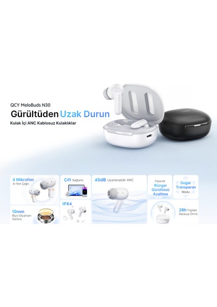 Melobuds N30 Adaptif Anc Bluetooth Kulaklık 4 Mikrofon Çift Cihaz desteği ıpx4
