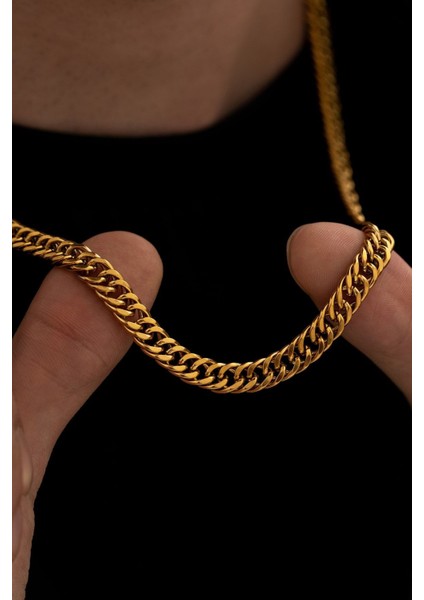 Erkek Kolye - Gurmet Model Erkek Çelik Kolye - Altın Renk - 7 mm Kalınlık - Paslanmaz Çelik