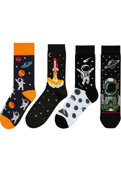 Renkli Figürlü 4 Lü Uzay Temalı Eğlenceli Unisex Çorap Seti Astronot Roket Gezegen Uzaylı Kombin
