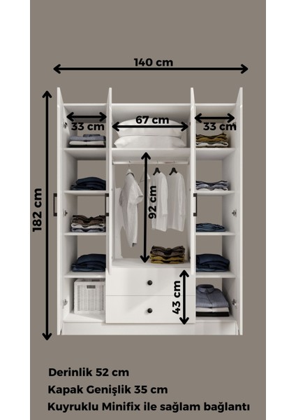 Mdf 4 Kapak 2 Çekmece 12 Raflı Gardırop Elbise Dolabı Soft Beyaz Cabinse - Kolay Kurulum Animasyonu ile fiyatları