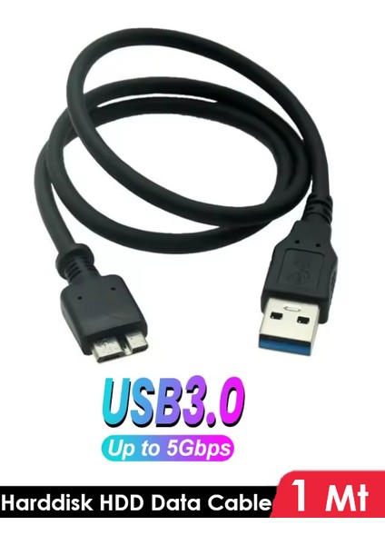 USB 3.0 Taşınabilir HDD Hard Disk Kablosu, Micro USB -B, 5 Gbps Yüksek Hızlı Veri Aktarır (1 Metre)