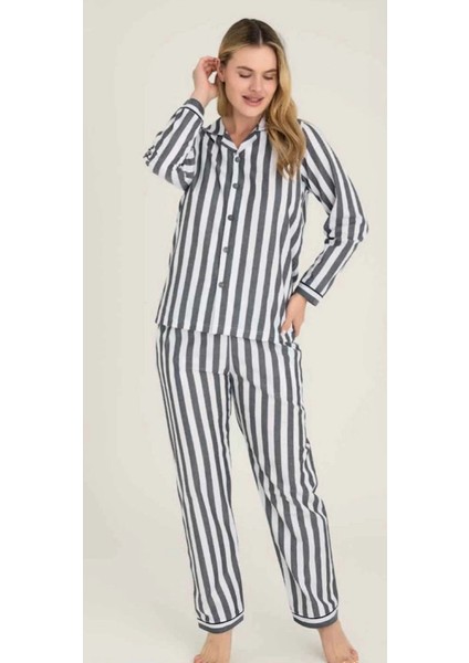 4007 Kadın Uzun Kol Çizgili Gaffuriye Pijama Takımı