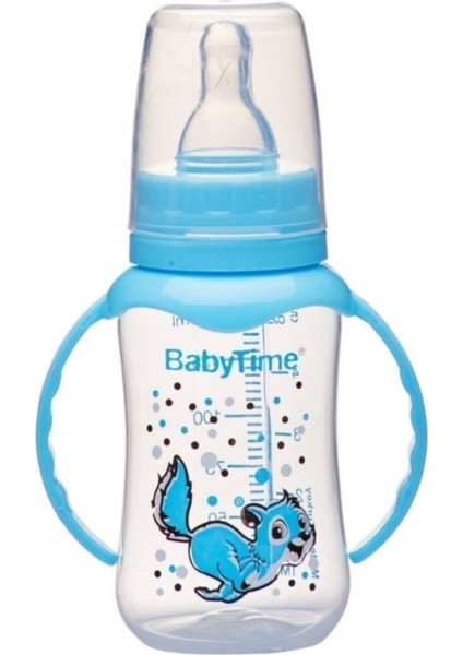 Mavi Silikon Kiraz Uçlu Kulplu Biberon 150 Ml, Güvenle Kullanabileceğiniz Kolay Tutmalı.