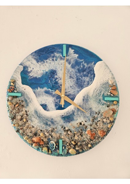 El Yapımı Epoksi Duvar Saati & Deniz ve Sahil Temalı - 40CM Mdf Zeminli Sanat Eseri