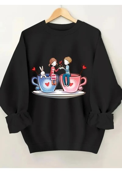 Kadın Kahve Aşkı Baskılı Bisiklet Yaka Oversize Sweatshirt