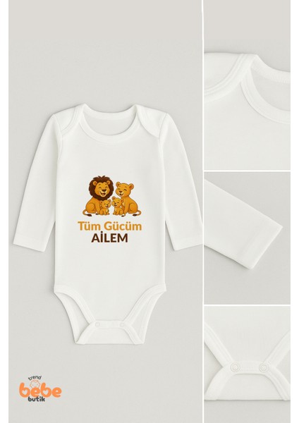 Tüm Gücüm Ailem Baskılı Bebek Body | 06-18 Ay | %100 Pamuk, Uzun Kollu Zıbın, Kız & Erkek Bebek Için fiyatları