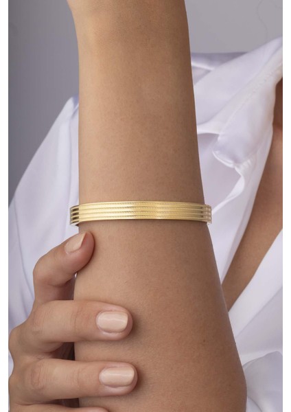 Şeritli Altın Kaplama Bilezik Model Kadın Çelik Kelepçe