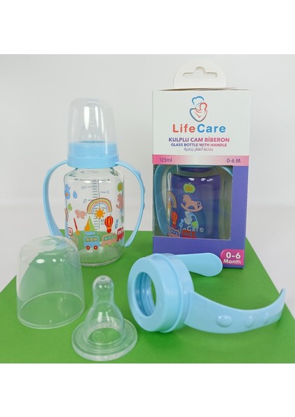Mavi Renkli Kulplu Cam Biberon 125ML, Sağlıklı ve Şık Tasarım