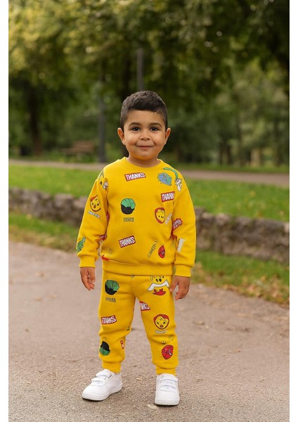 Erkek Bebek Emoji Desenli Şardonlu Eşofman Takımı (Sweatshirt + ALT)-SARI-06121