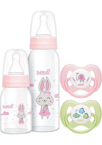 Pembe Cam Biberon Seti 250ML+125ML ve Ortodontik Emzikli Kelebek Tasarımlı 4'lü