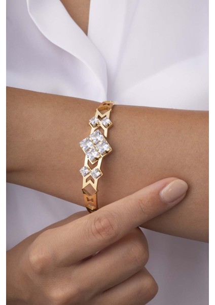 Baget Taşlı Altın Kaplama Çelik Kadın Kelepçe Bileklik