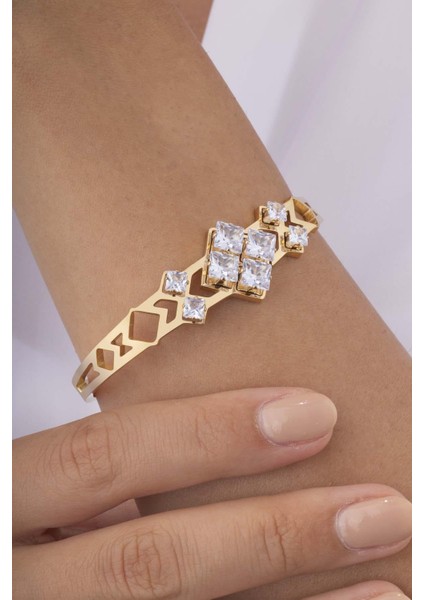 Baget Taşlı Altın Kaplama Çelik Kadın Kelepçe Bileklik fiyatları