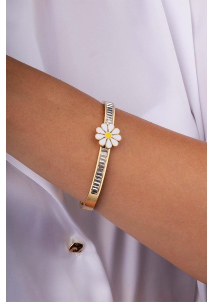 Papatya Işlemeli Baget Taşlı Altın Kaplama Çelik Kadın Kelepçe Bileklik