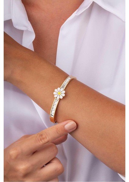 Papatya Işlemeli Baget Taşlı Altın Kaplama Çelik Kadın Kelepçe Bileklik fiyatları