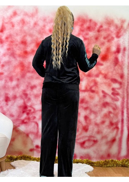 Takım Kadın Siyah Kadife Ayna Işlemeli Fermuarlı Eşofman Takımı Günlük Kullanım,sonbahar ve Kış modelleri