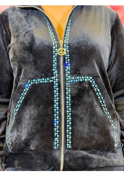 Takım Kadın Siyah Kadife Ayna Işlemeli Fermuarlı Eşofman Takımı Günlük Kullanım,sonbahar ve Kış fırsatları